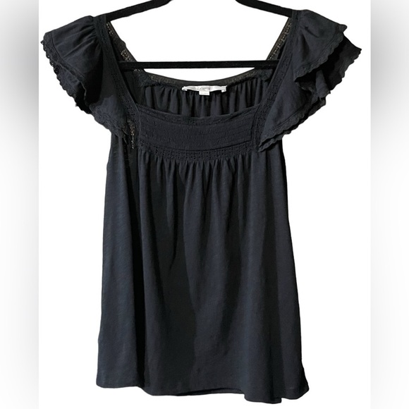 LOFT Tops - Loft Black Smocked Ruffle Lace Sleeved Blouse Women’s Size Small Bohemian Top